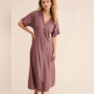 Madewell V Neck Button Down Short Sleeve Plum Linen Maxi Dress.